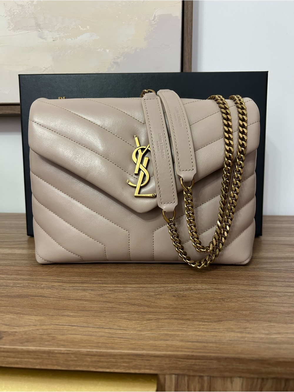 AUTHENTIC YSL Saint Laurent Medium Loulou Gold Calfskin Y Quilted Monogram Beige